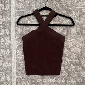 Brown Halter Neck Ribbed Top